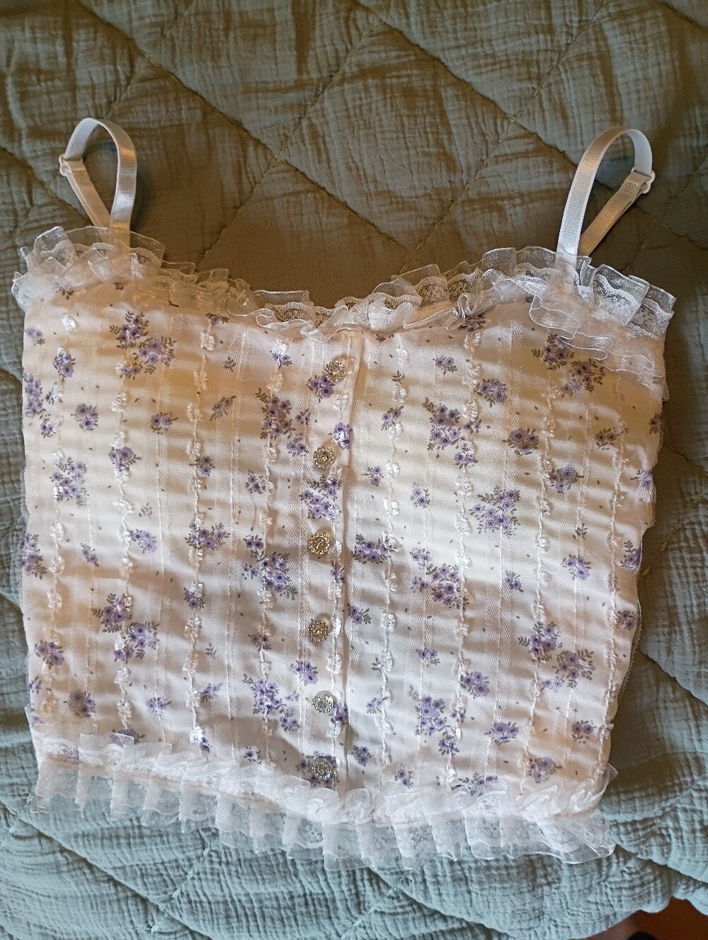 Floral Lace Trim Corset Style Crop Top Cami with Built in Bra Pads